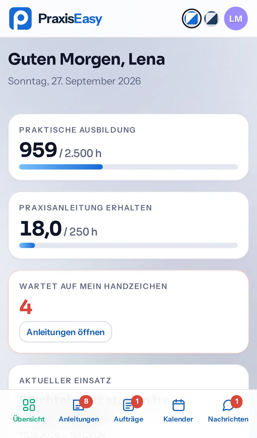 PraxisEasy auf dem Handy: Übersicht einer Auszubildenden mit Ausbildungsstunden und erhaltener Praxisanleitung