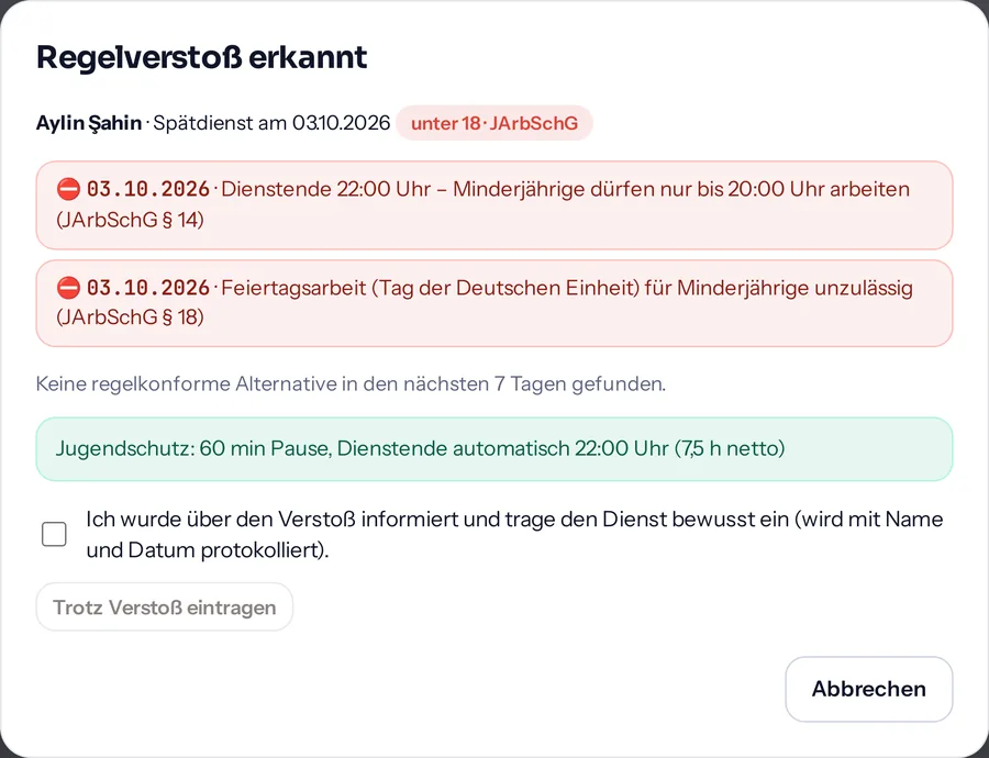 Hinweis Regelverstoß: Spätdienst einer Minderjährigen bis 22 Uhr und Feiertagsarbeit